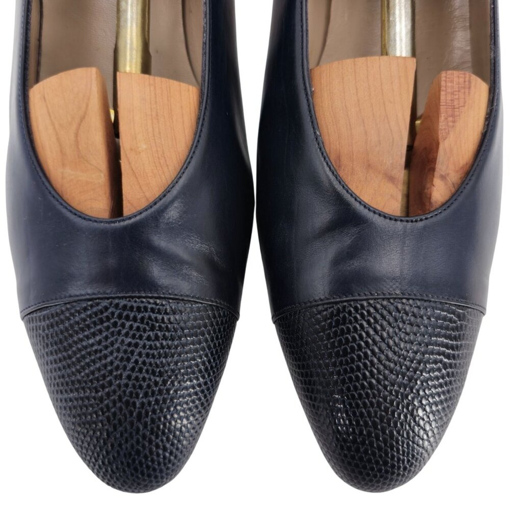 Vintage Salvatore Ferragamo Womens 9AA Navy Leather Reptile Embossed Dress Pumps - Picture 2 of 9